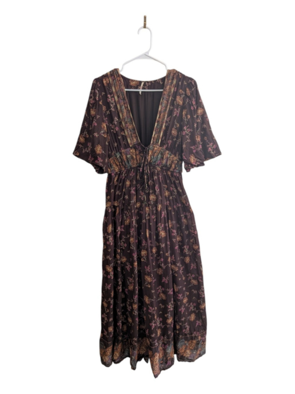 Free People S/P Floral Boho Maxi Dress Deep V Smocked Waist Brown - Picture 3 of 10